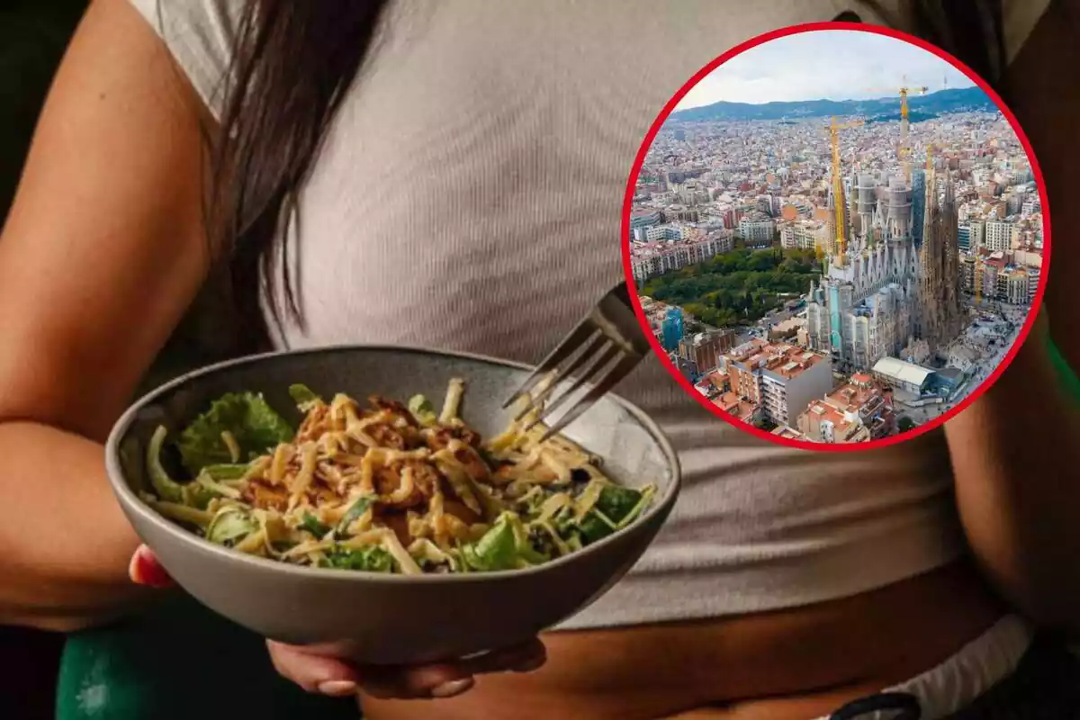 Fotomontaje con una imagen de fondo de comida vegana y al frente una redonda roja con la ciudad de Barcelona