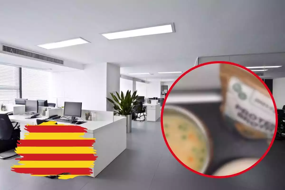 Fotomontaje con una imagen de fondo de unas oficinas de una empresa y al frente una redonda roja difuminada con el caldo de Nuveg y una bandera catalana