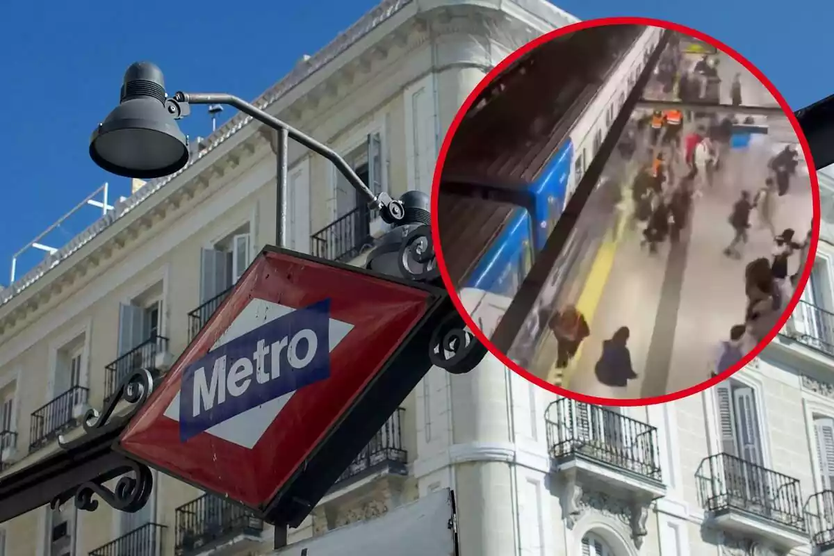 Fotomontaje con una imagen de fondo del Metro de Madrid y una redonda roja con el pánico