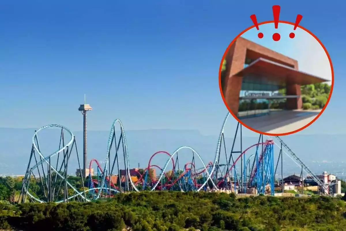 Fotomontaje con una imagen de fondo de PortAventura y al frente una redonda roja con el centro de convenciones