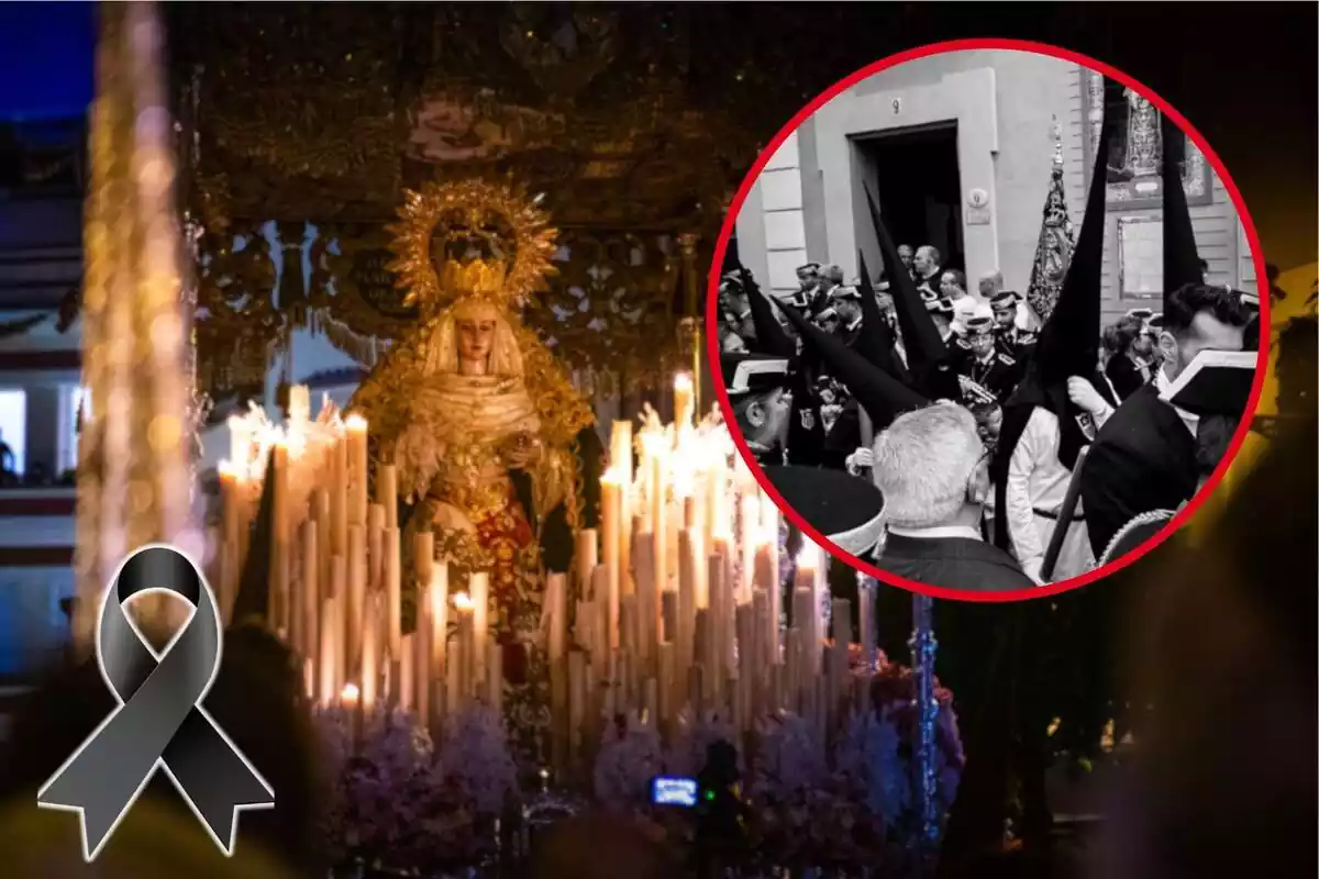 Fotomontaje con una imagen de fondo de la Virgen en la Semana Santa de Sevilla, una cita de luto y una redonda roja con la agrupación Virgen de los Reyes de Sevilla