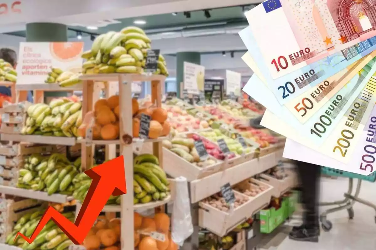 Fotomontaje con una imagen de fondo de un supermercado Veritas y al frente una flecha ascendente y un abanico de billetes de euro