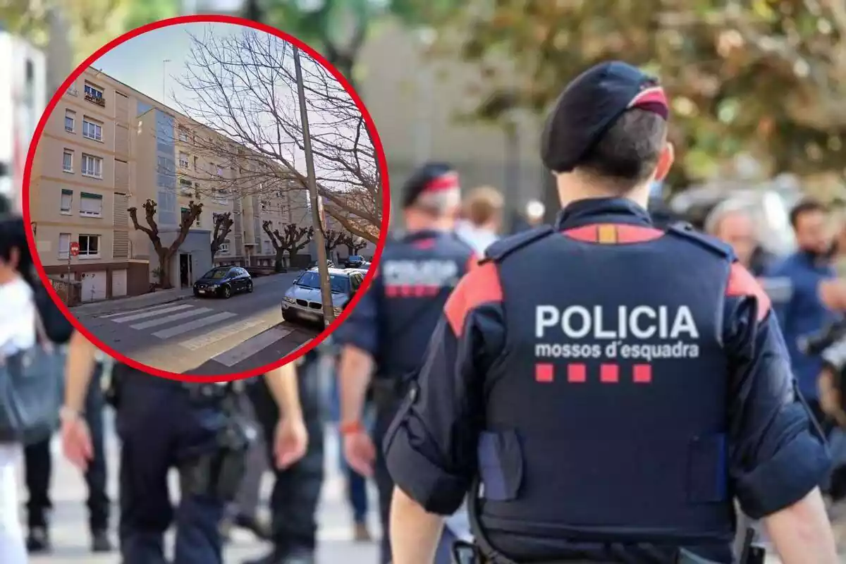 Fotomontaje con una imagen de fondo de un agente de espaldas de los Mossos d'Esquadra y una redonda roja al frente con un edificio residencial de Sabadell