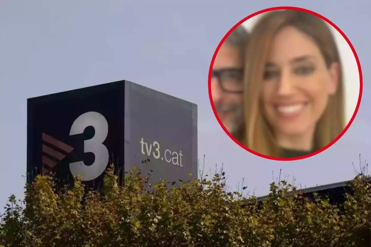 Fotomontaje con una imagen de fondo de TV3 y al frente una redonda roja con Nuria Marín y su cambio de look