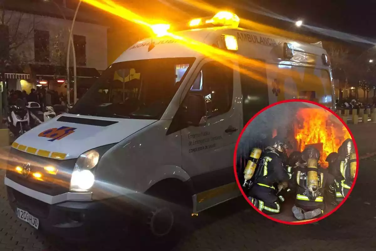 Fotomontaje de una ambulancia con una imagen de los Bomberos en un incendio