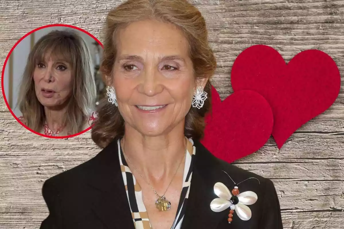 Fotomontaje de la Infanta Elena y Pilar Eyre con dos corazones de fondo