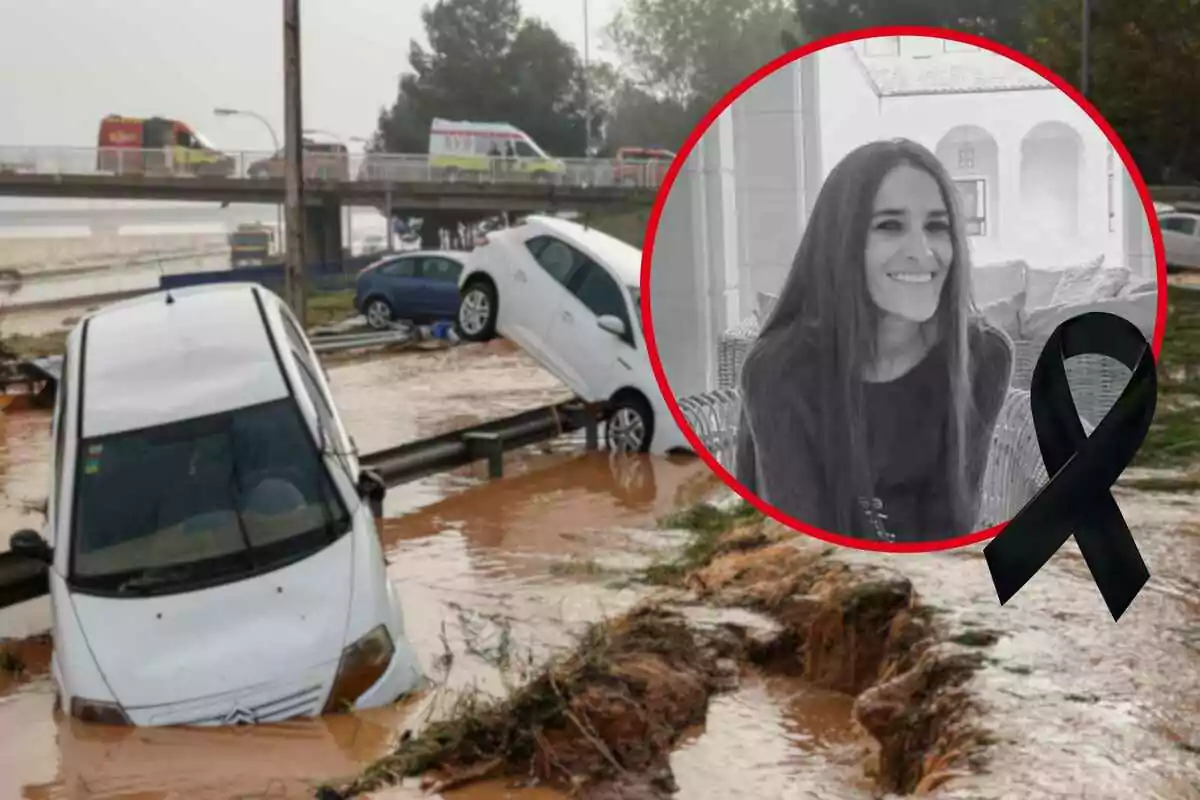 Imagen de la inundación de Valencia con varios coches atrapados en el agua y un retrato en blanco y negro de Elvira López de las Heras en un círculo rojo con un lazo negro.