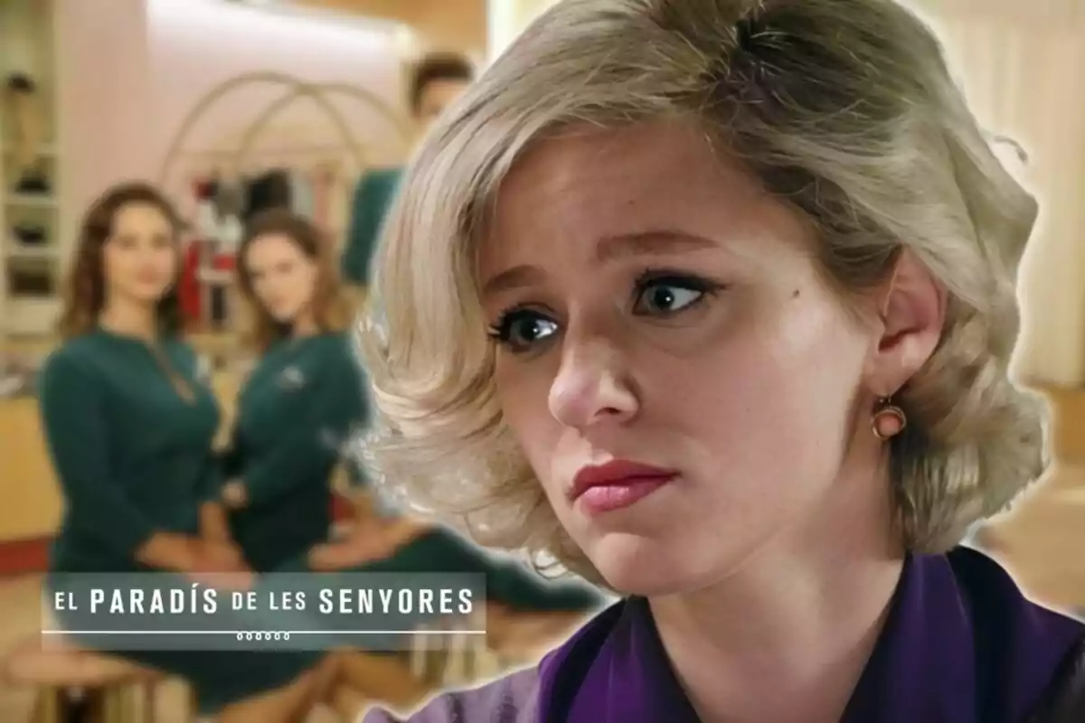 Una mujer rubia con expresión seria aparece en primer plano, mientras que en el fondo se ven dos mujeres sentadas con uniformes verdes en un entorno que parece ser una tienda; en la esquina inferior izquierda se lee "El Paradís de les Senyores".