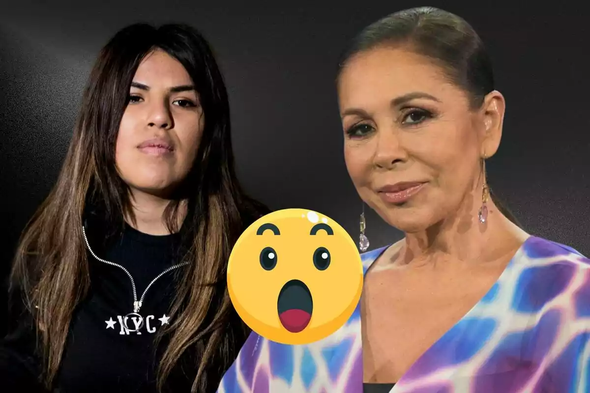 Dos mujeres posan juntas con un emoji sorprendido en primer plano.