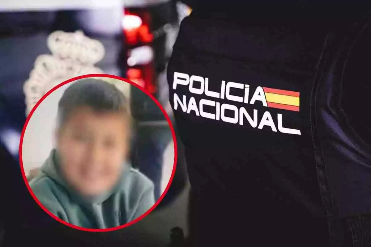 Fotomontaje de la cara difuminada de Jayden Romero con una redonda roja y de fondo un agente de la Policía Nacional