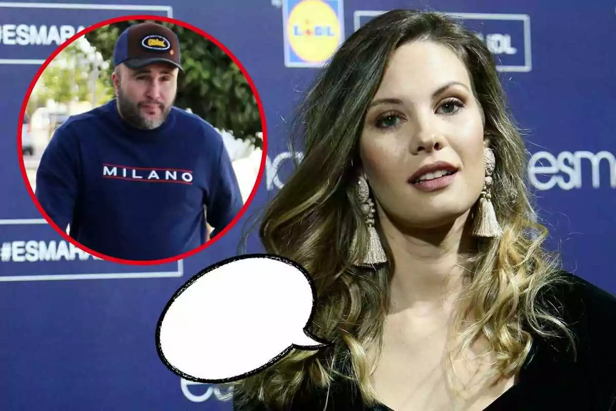 Jessica Bueno con pendientes grandes y cabello ondulado está en un evento con un fondo azul que tiene el logo de Lidl. En la esquina superior izquierda hay un círculo rojo con la imagen de Kiko Rivera con barba y gorra, vistiendo una camiseta azul con la palabra "Milano". Hay un globo de diálogo vacío en la parte inferior de la imagen.