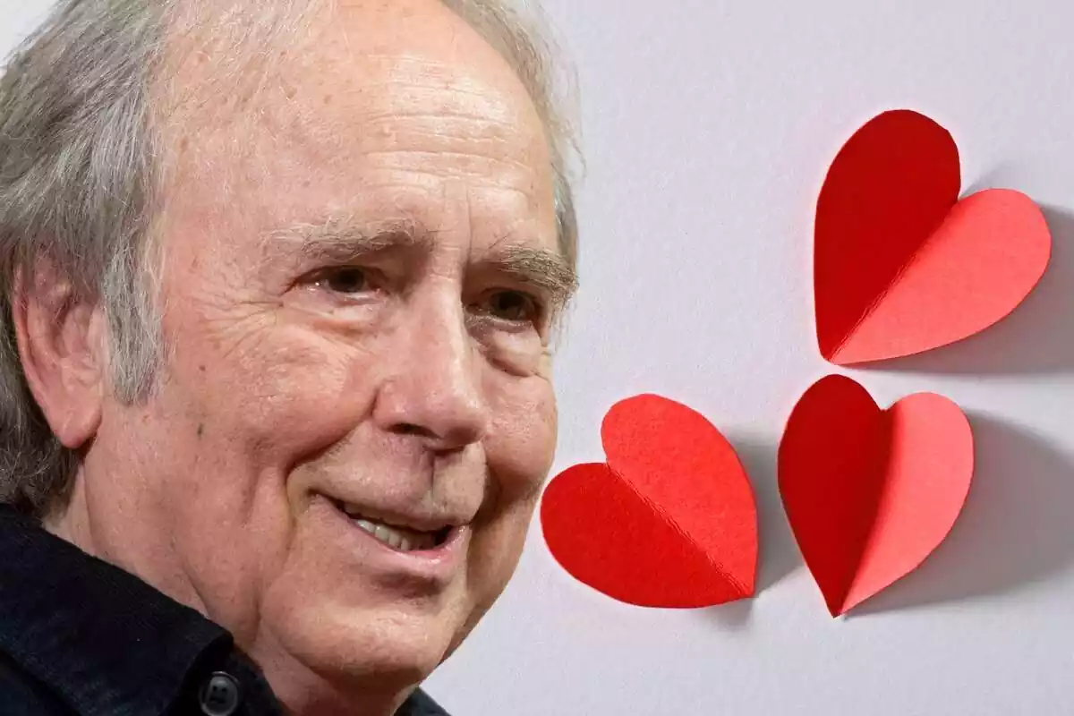 Fotomontaje de Joan Manuel Serrat con tres corazones de fondo