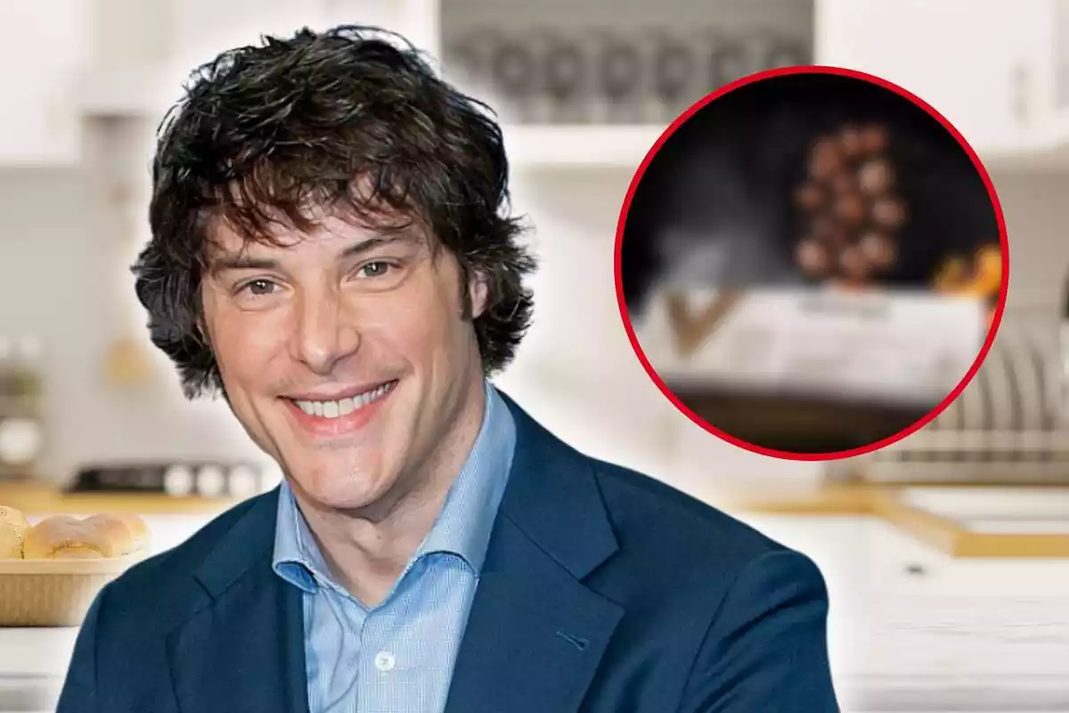 Montaje fotográfico entre una imagen del chef Jordi Cruz sobre una cocina y una imagen de su turrón