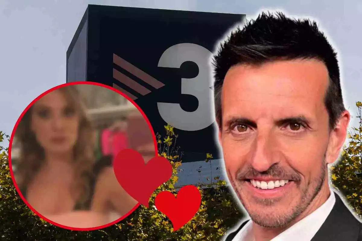Fotomontaje de Jordi Gil, una redonda roja con Patrycia Centeno y unos corazones rojos al frente y de fondo el logo de TV3