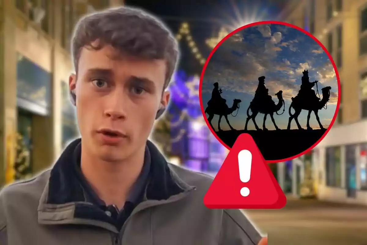 Un joven con auriculares aparece en primer plano con una expresión seria mientras que en el fondo se ve una calle iluminada y un círculo rojo con la silueta de los Reyes Magos montando camellos junto a un icono de advertencia.