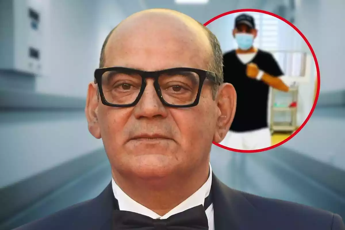 Fotomontaje con una imagen de fondo difuminada de un pasillo de hospital, al frente José Corbacho y una redonda roja con una captura de un vídeo tras su trasplante de riñón