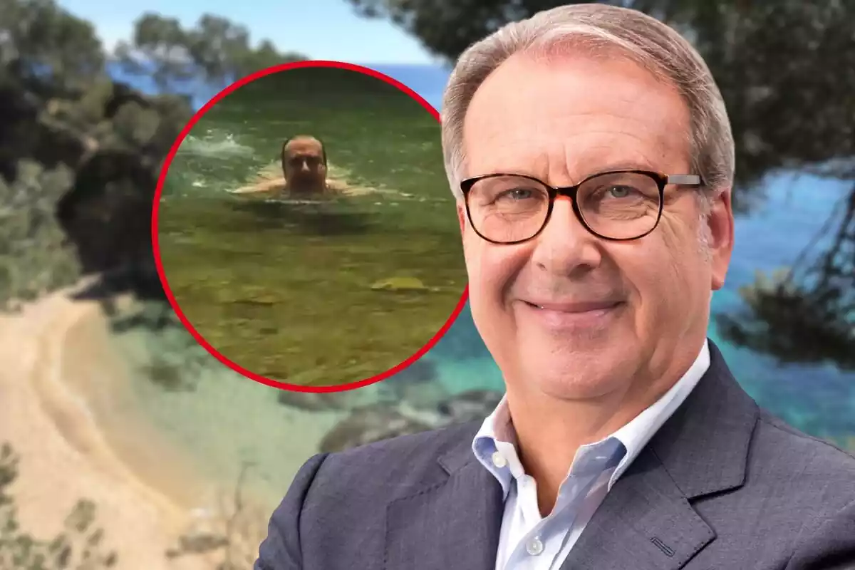 Fotomontaje de Josep Cuní con una imagen de él nadando y una foto de una cala de la Costa Brava de fondo