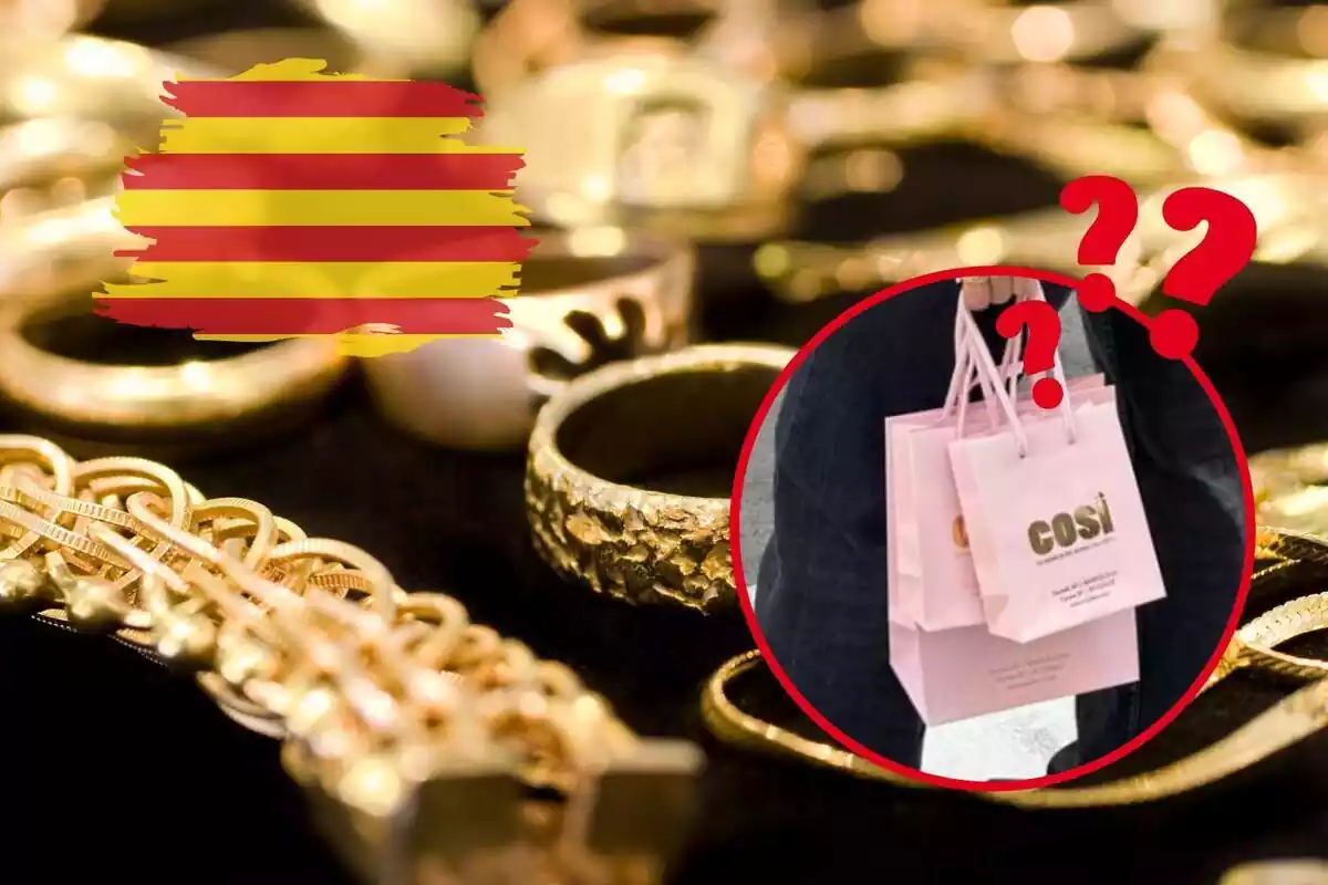 Fotomontaje con un fondo de joyas, una foto enmarcada de la empresa de joyería Cosi, una bandera catalana y signos de interrogación