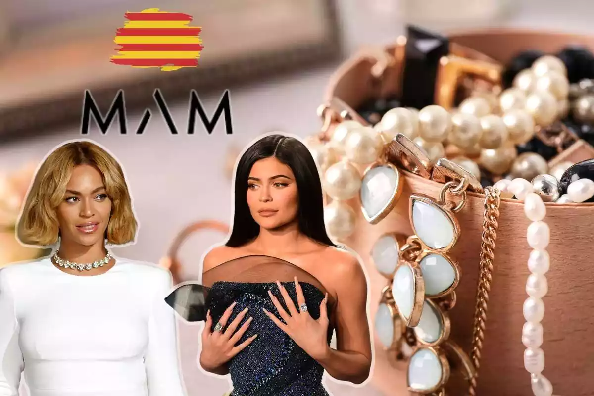 Fotmontaje con un fondo de joyas, el logo de la marca de joyería MAM, una foto de Kylie Jenner y Beyocé y una bandera de Cataluña