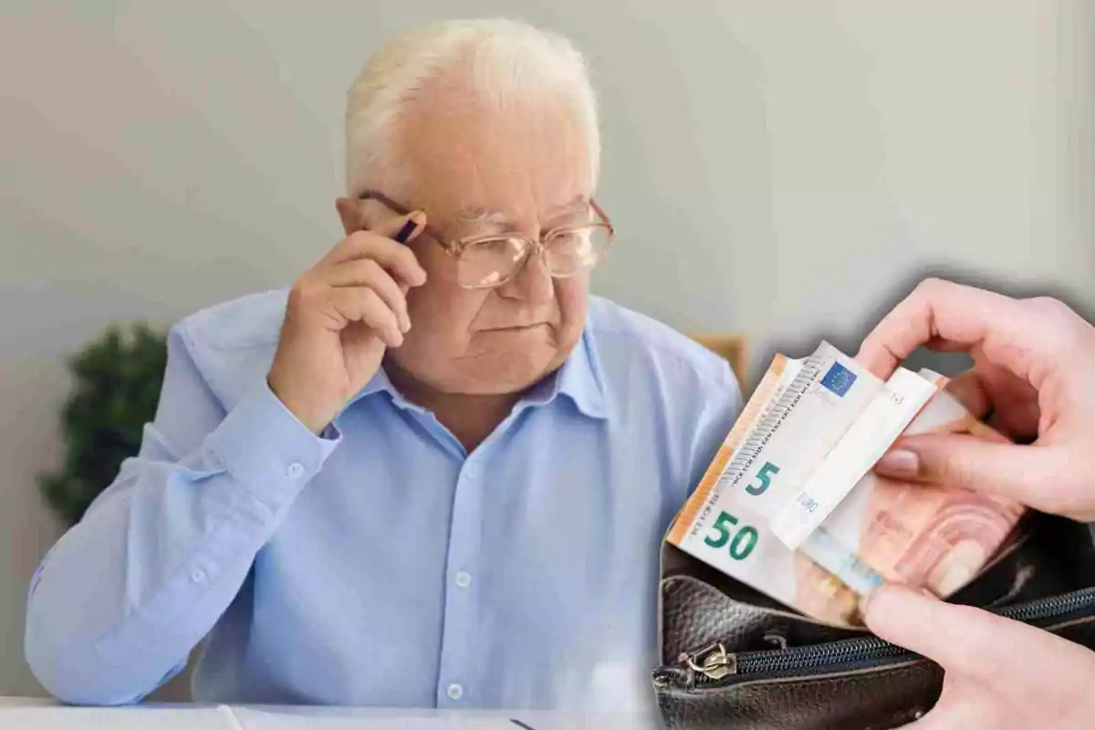 Fotomontaje con una imagen de fondo de un jubilado y al frente una cartera con billetes de euro