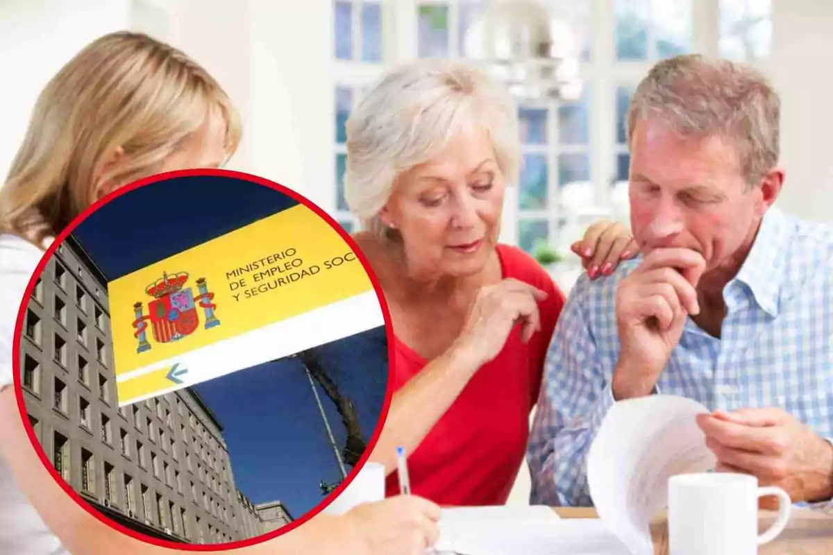 Una pareja de personas mayores revisa documentos junto a una mujer más joven. En la esquina inferior izquierda de la imagen, hay un recuadro que muestra el edificio del Ministerio de Empleo y Seguridad Social de España.