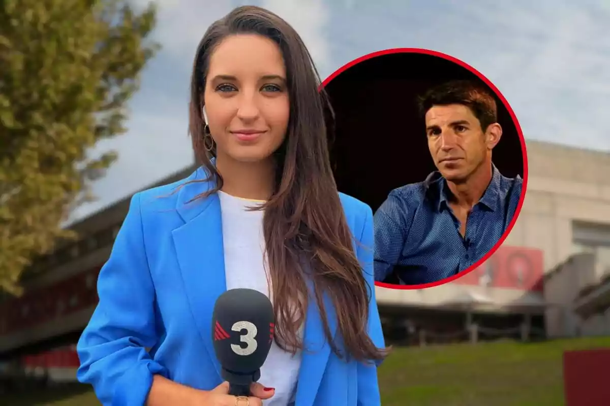 Una reportera con un micrófono de TV3 está al aire libre, con un recuadro que muestra a un hombre en una entrevista.