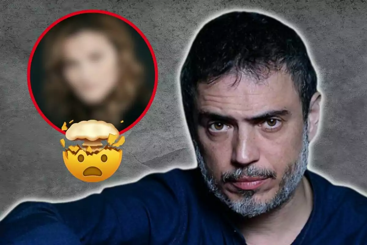 Hombre con expresión seria y una imagen borrosa de una mujer en un círculo rojo con un emoji de cabeza explotando.