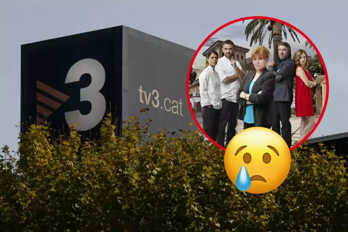 Un edificio con el logo de TV3 y un círculo rojo con un grupo de personas y un emoji triste.