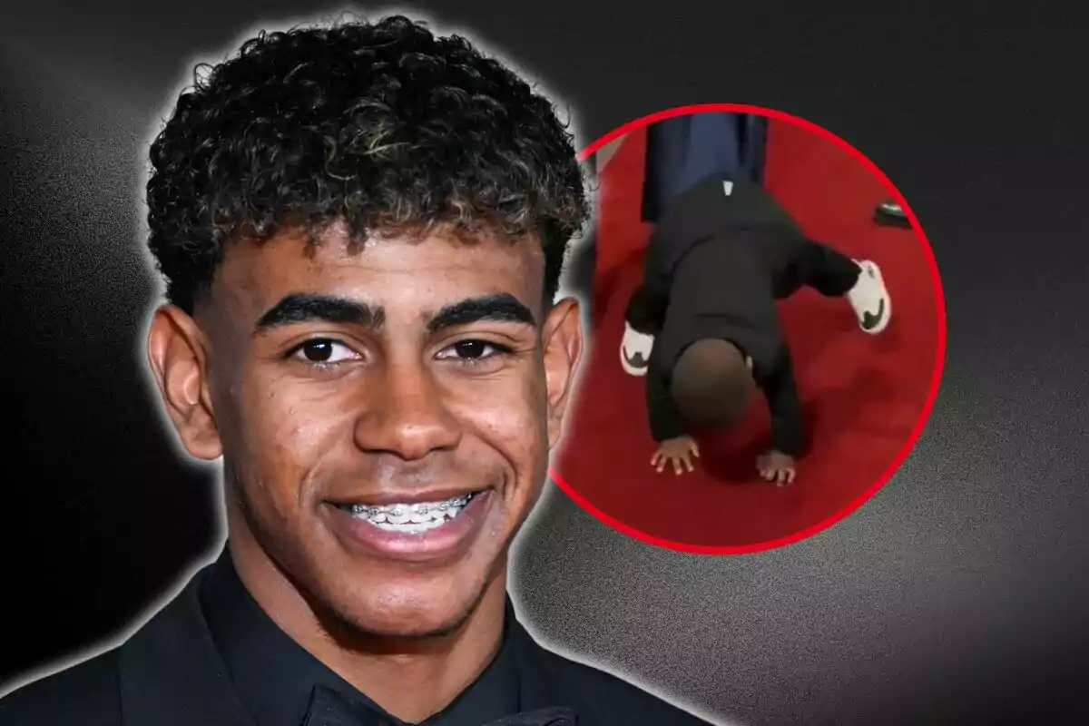 Un joven con brackets sonríe mientras en un círculo rojo se ve a un niño haciendo una pose en el suelo sobre una alfombra roja.