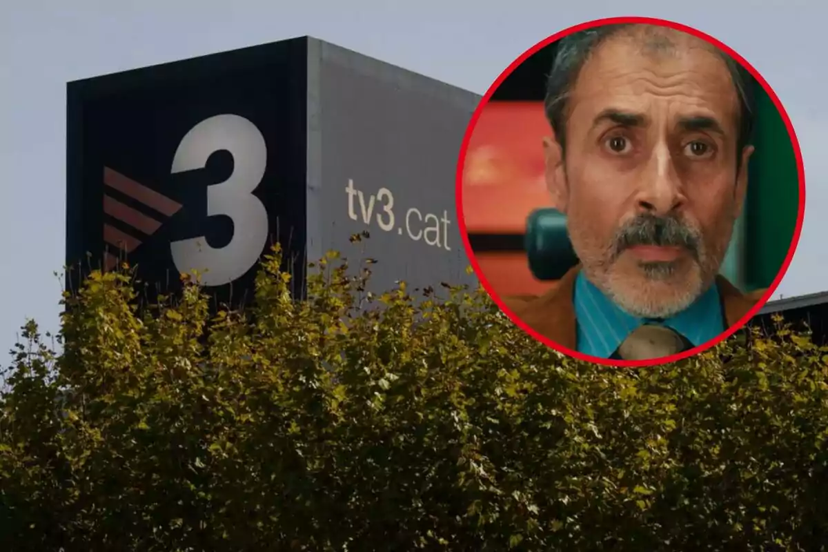 Edificio de TV3 con un retrato de un hombre en un círculo rojo superpuesto en la esquina superior derecha.