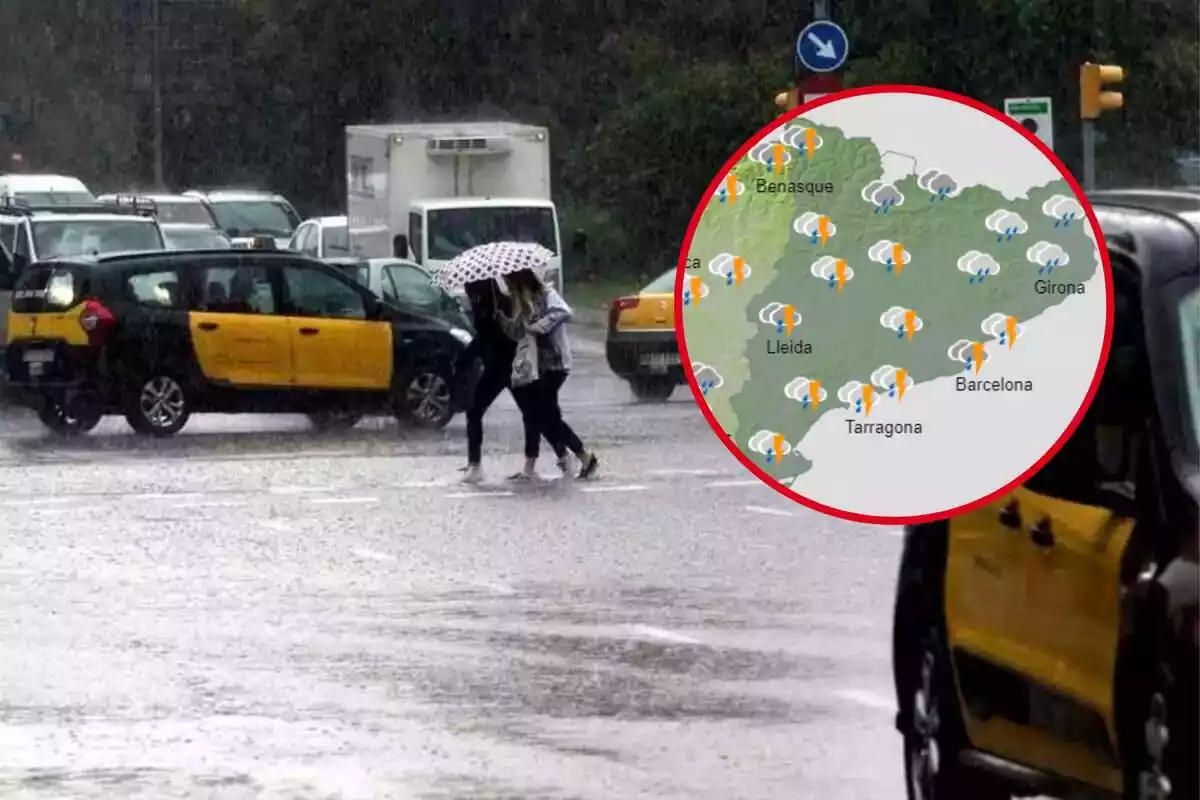 Montaje fotográfico entre una imagen de lluvia en Barcelona y un mapa de la AEMET