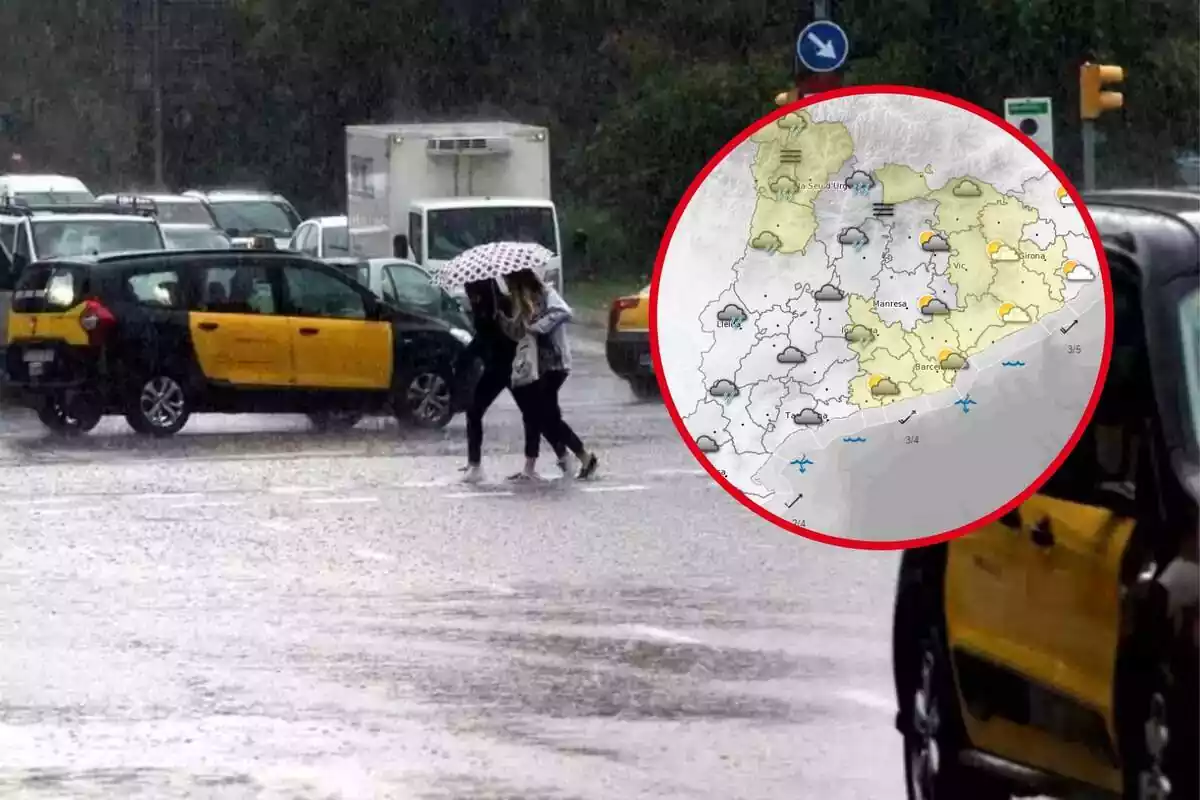 Montaje fotográfico entre una imagen de lluvias en Barcelona y un mapa del meteocat