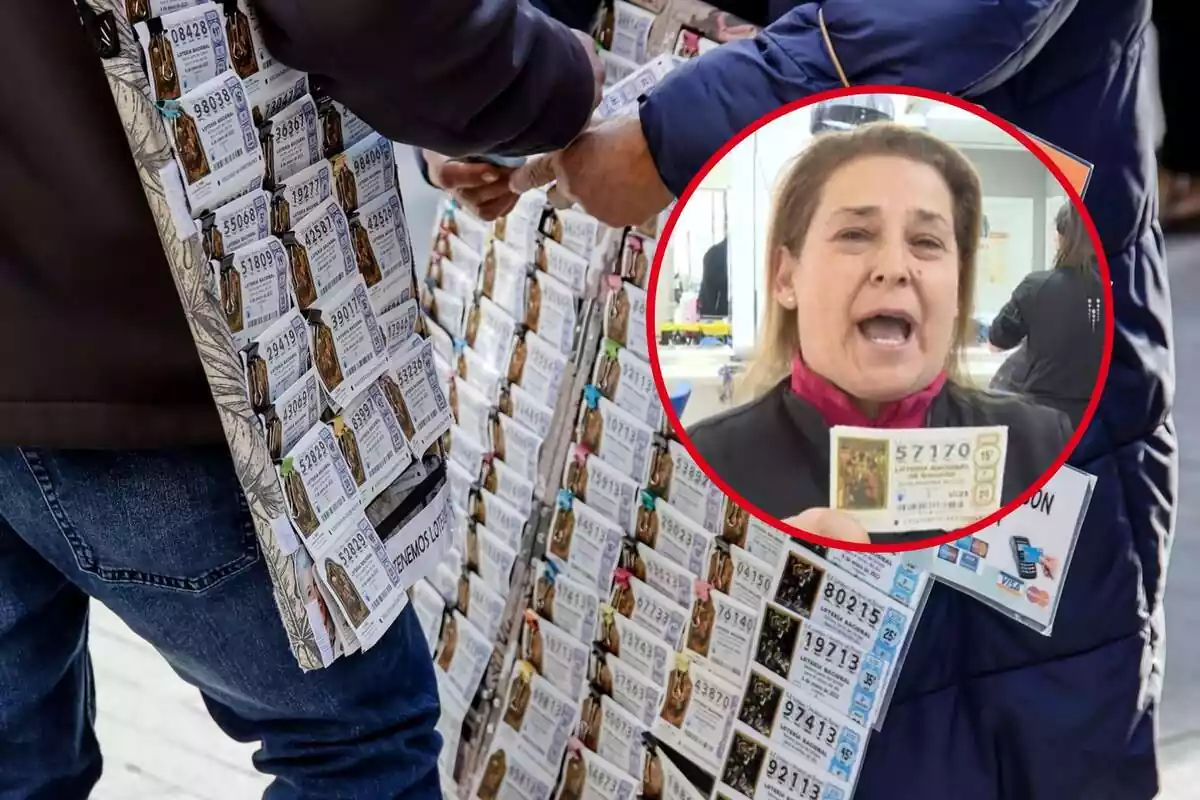 Montaje fotográfico entre una imagen de dos vendedores de lotería y una mujer con un décimo premiado