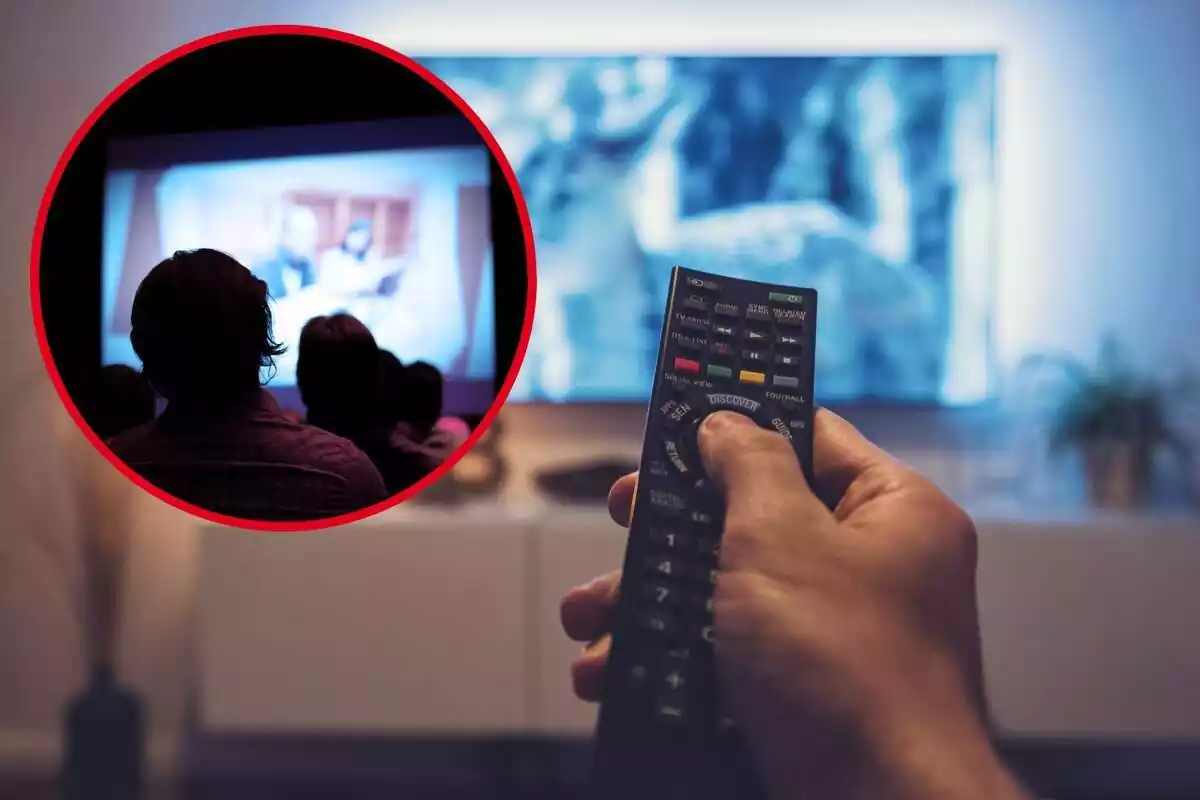 Fotomontaje con una imagen de fondo de un mando a distancia de la televisión y una redonda roja viendo una pantalla
