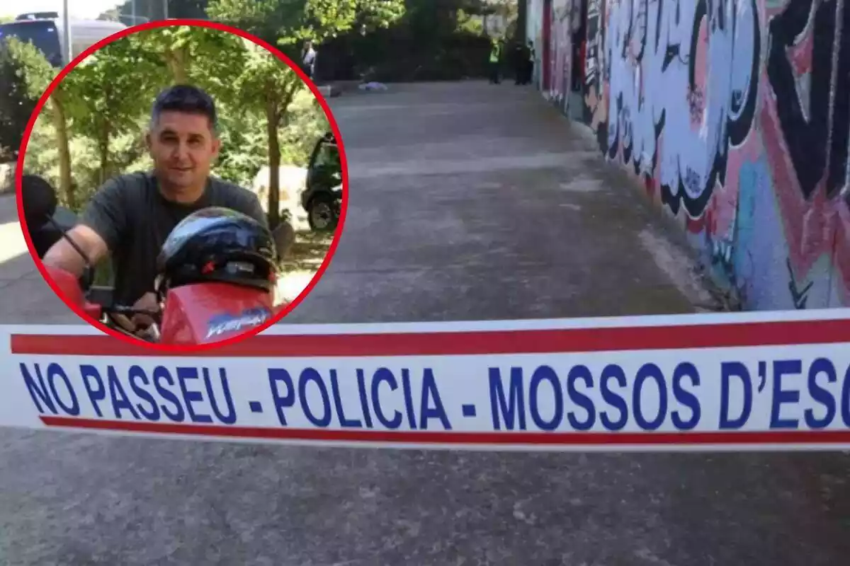 Fotomontaje con la imagen en una redonda roja con el rostro de Manuel Vázquez Baena y una cinta policial de los Mossos d'Esquadra prohibiendo el paso de fondo