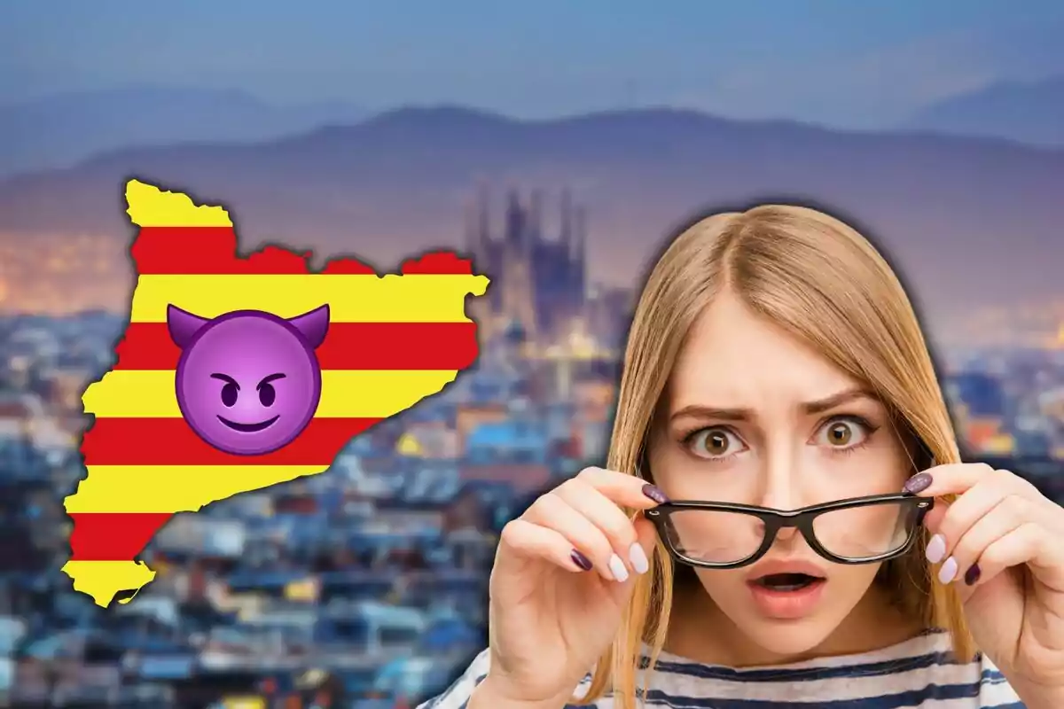 Fotomontaje de un mapa de Cataluña con un emoticono de demonio en el centro, una imagen de una mujer sorprendida y una foto de Barcelona de fondo