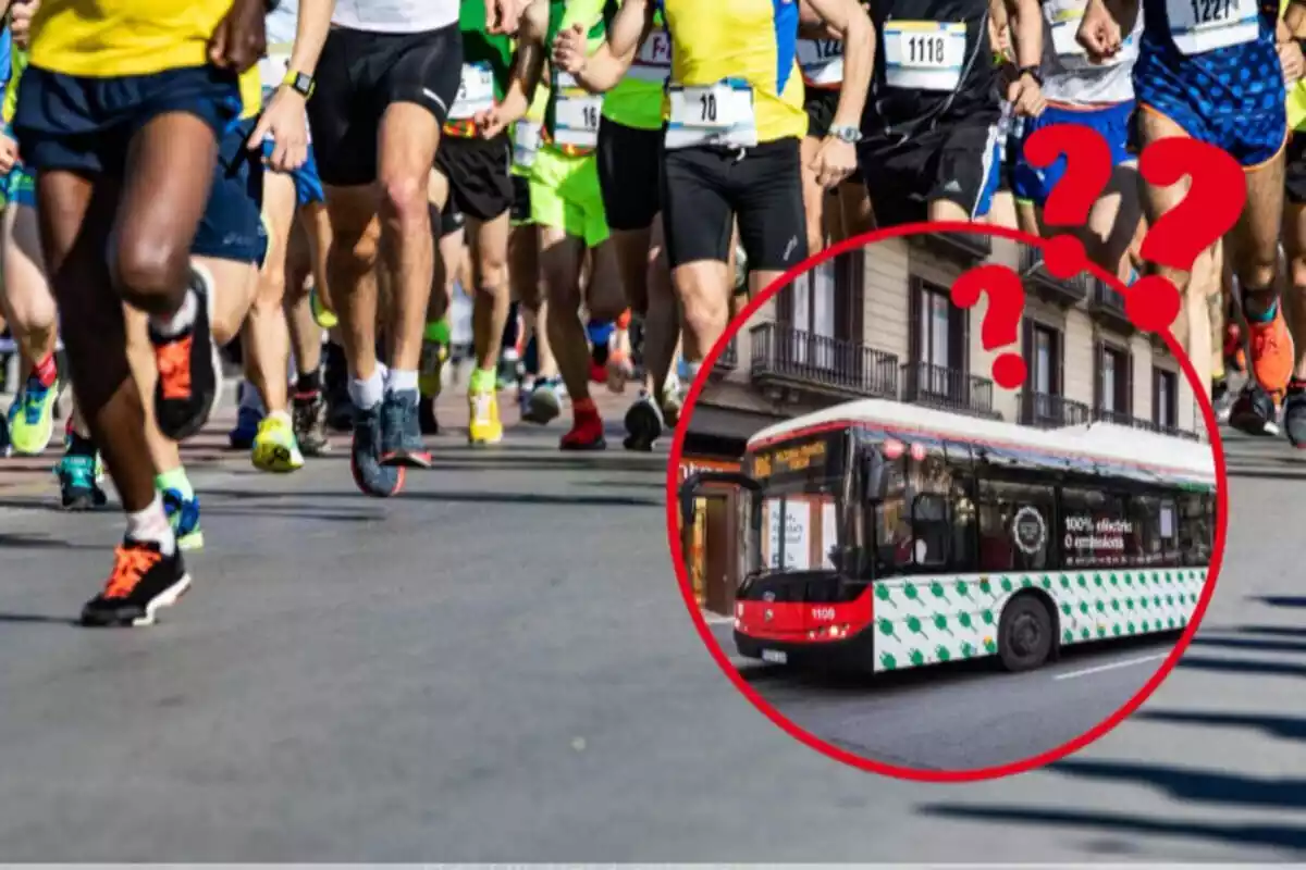 Fotomontaje con un fondo de una maratón y una foto enmarcada de un bus de Barcelona con signos de interrogación