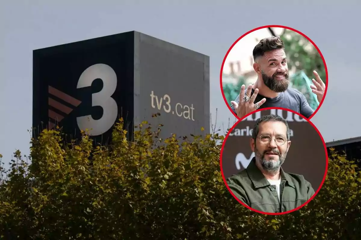 Un edificio de TV3 con dos personas en círculos rojos superpuestos en la parte superior derecha.