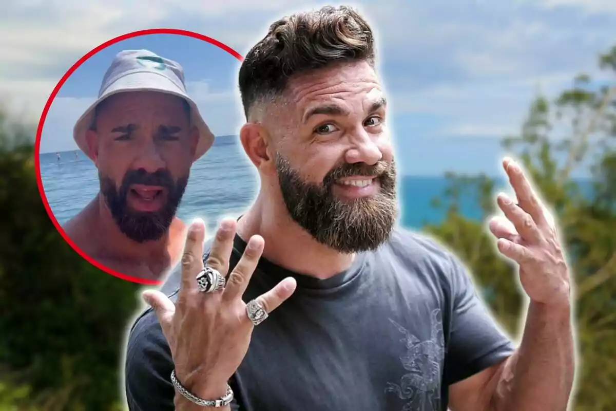 Un hombre con barba y anillos en las manos sonríe mientras señala con los dedos, con una imagen superpuesta de él mismo en la playa dentro de un círculo rojo.