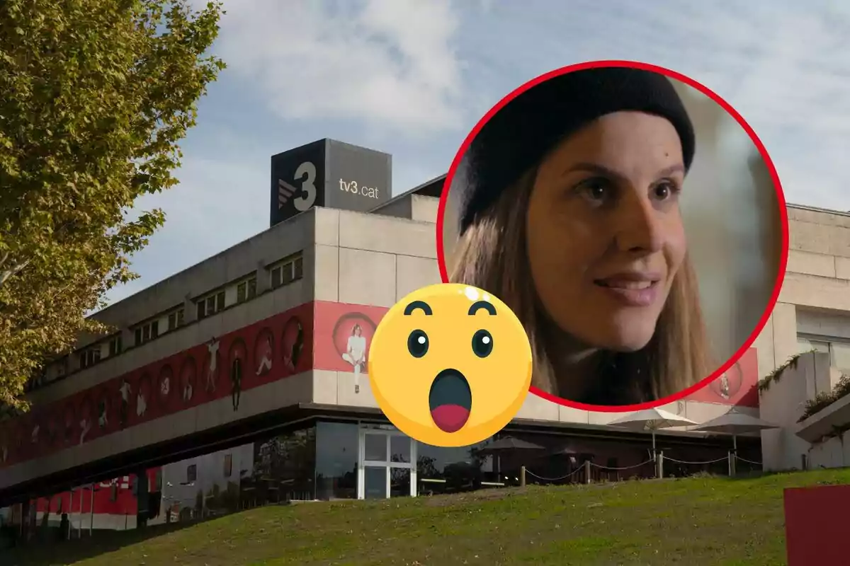 Edificio de TV3 con un círculo rojo que muestra a una mujer sonriendo y un emoji sorprendido superpuesto.