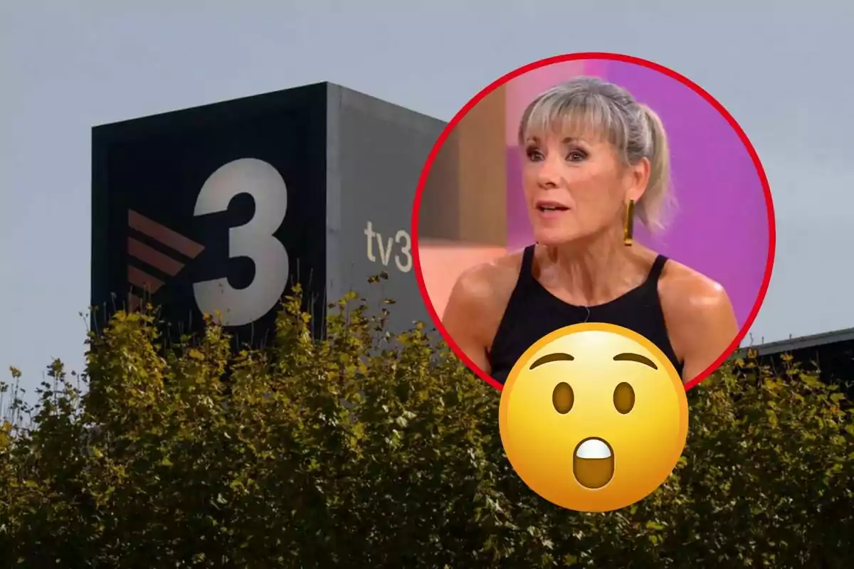 Edificio de TV3 con un círculo rojo que muestra a una mujer sorprendida y un emoji de asombro.