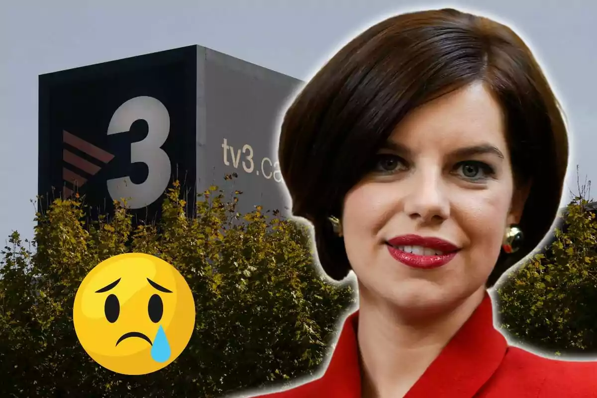 Mujer con expresión seria frente a un edificio de TV3 y un emoji triste.