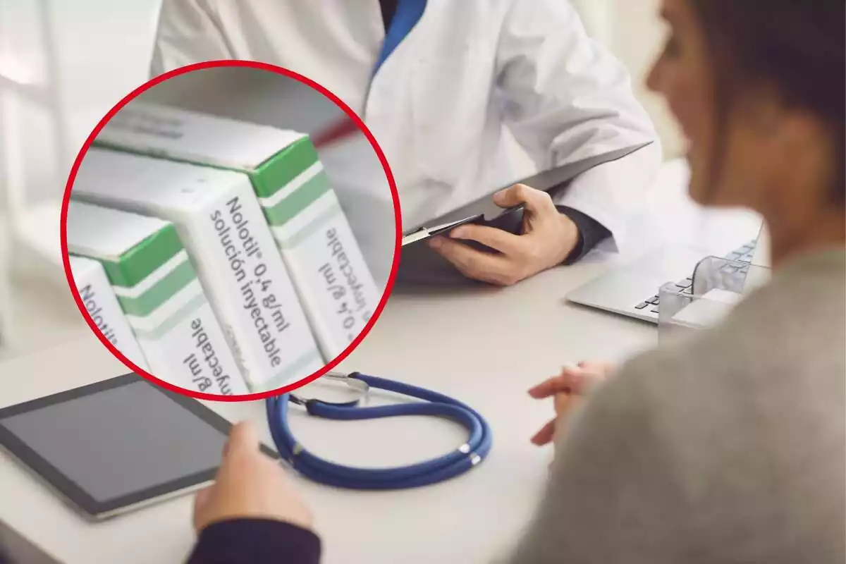 Montaje fotográfico entre un médico en un despacho y una caja de nolotil