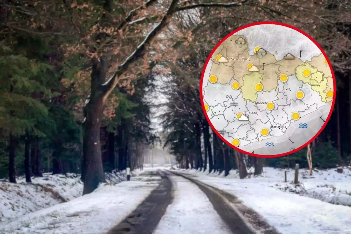 Montaje fotográfico entre un paisaje nevado y un mapa del Meteocat