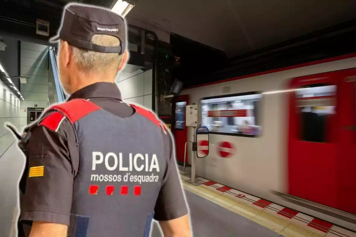 Fotomontaje del metro de Barcelona con una imagen de un mosso d'esquadra