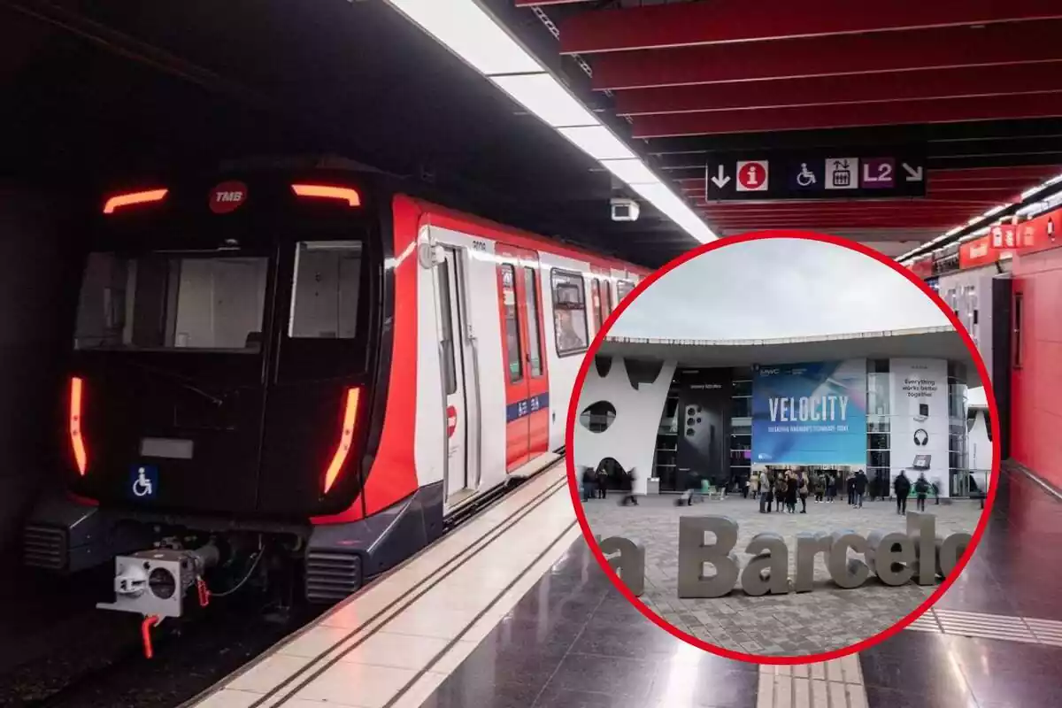 Fotomontaje con un fondo del metro de Barcelona y una foto enmarcada del Mobile World Congress