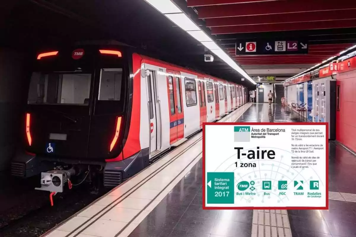 fotomontaje de una foto del metro de Barcelona con una captura de pantalla de la tarjeta T-aire de la ATM