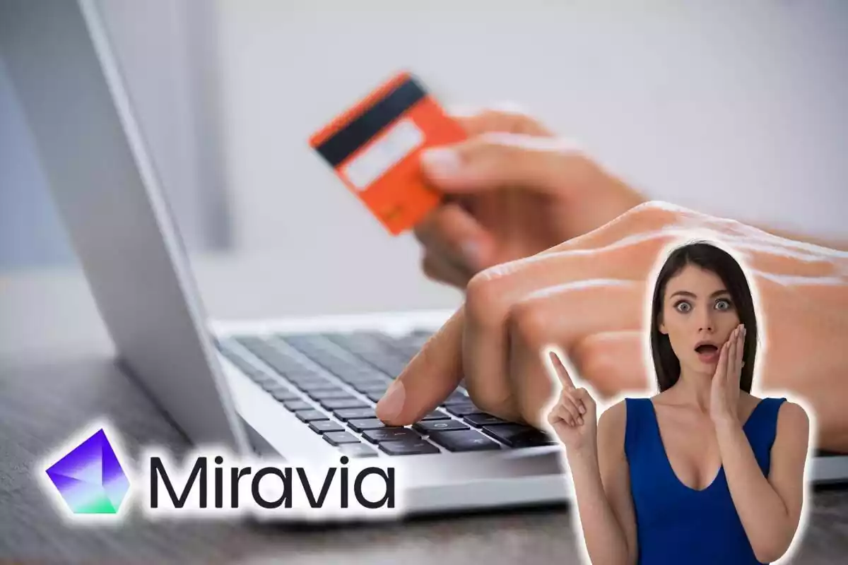 Fotomontaje de unas manos tecleando en un ordenador con una tarjeta de crédito en la mano y la imagen de una mujer con rostro de sorpresa y el logo de Miravian