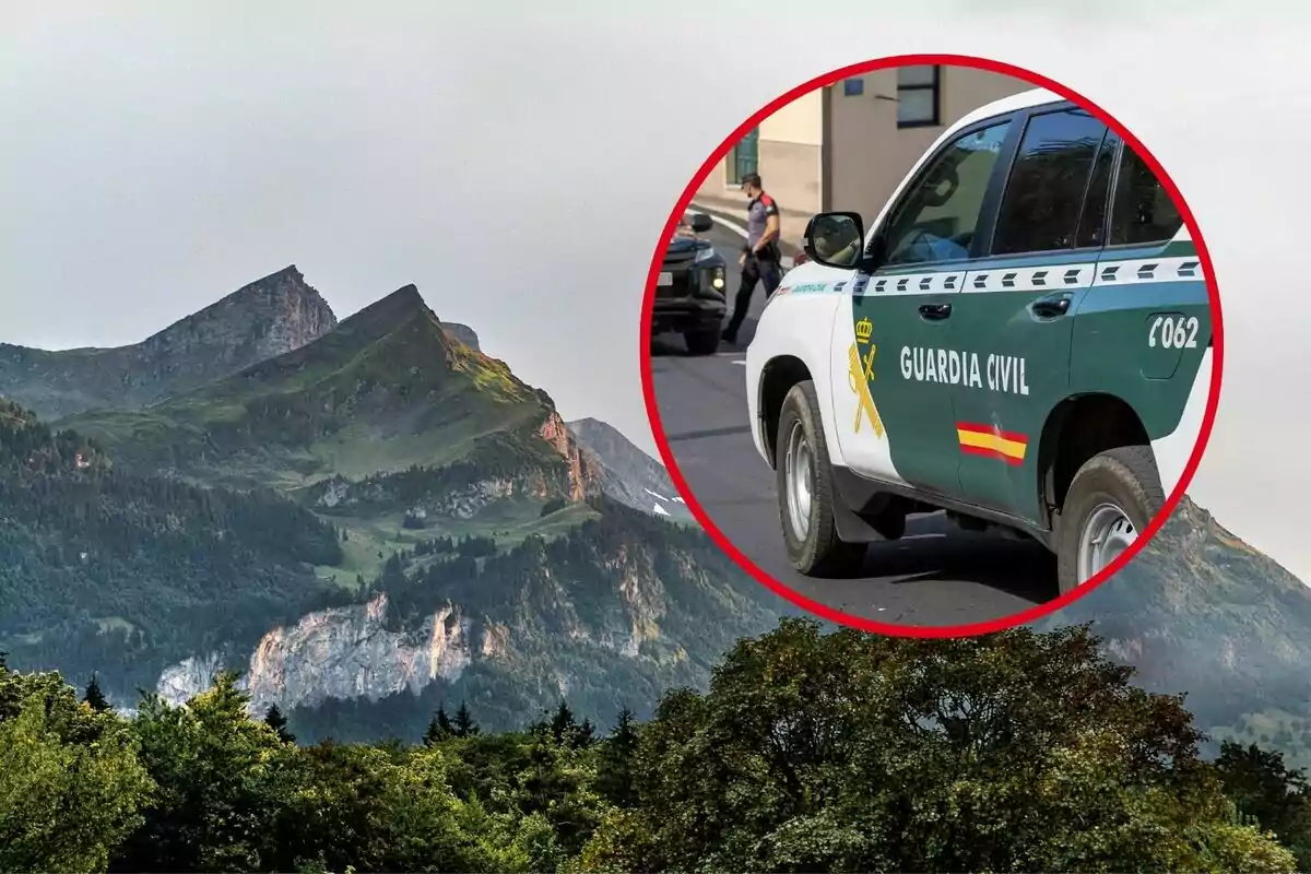 Montañas con vegetación en primer plano y un círculo rojo que muestra un vehículo de la Guardia Civil.