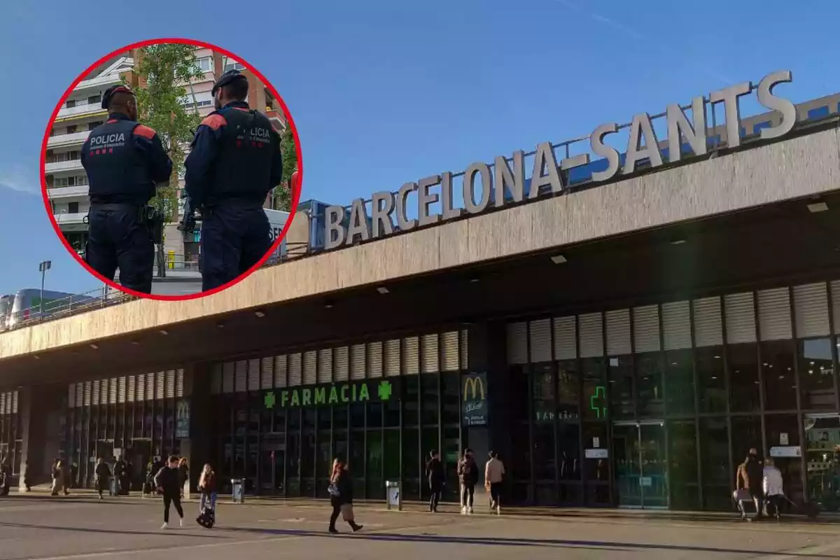 Fotomontaje entre una imagen de la estación de Sants de Barcelona y los Mossos d'Esquadra